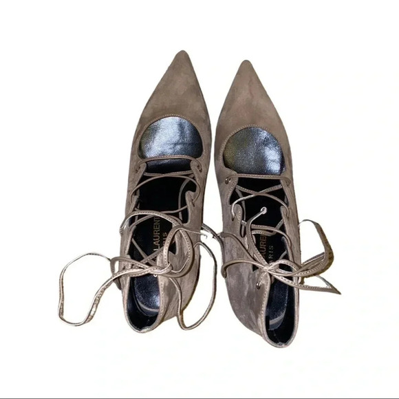 Saint Laurent Paris Tie Strap Gray Suede Heels Size 36.5 - Picture 4 of 6